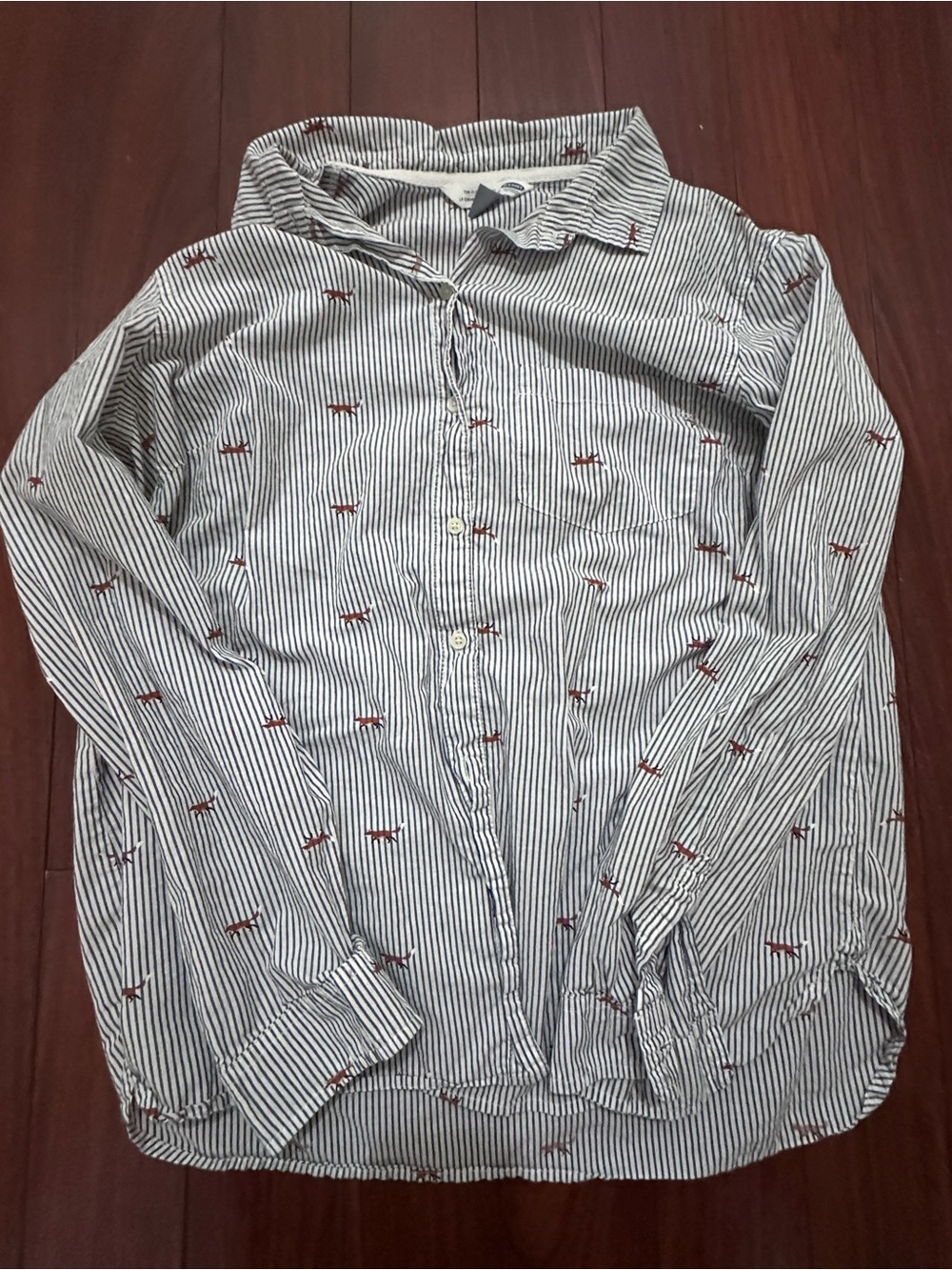 Old Navy Blue and White Striped Button-Down with Red Fox Motif